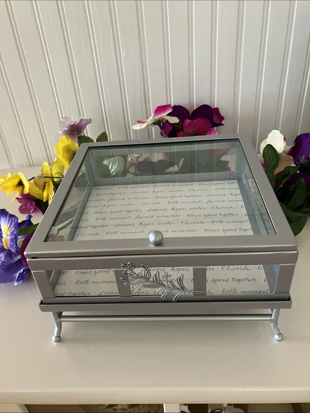 Hallmark Silver Glass Jewelry:Trinket Display Box with Decorative Trim